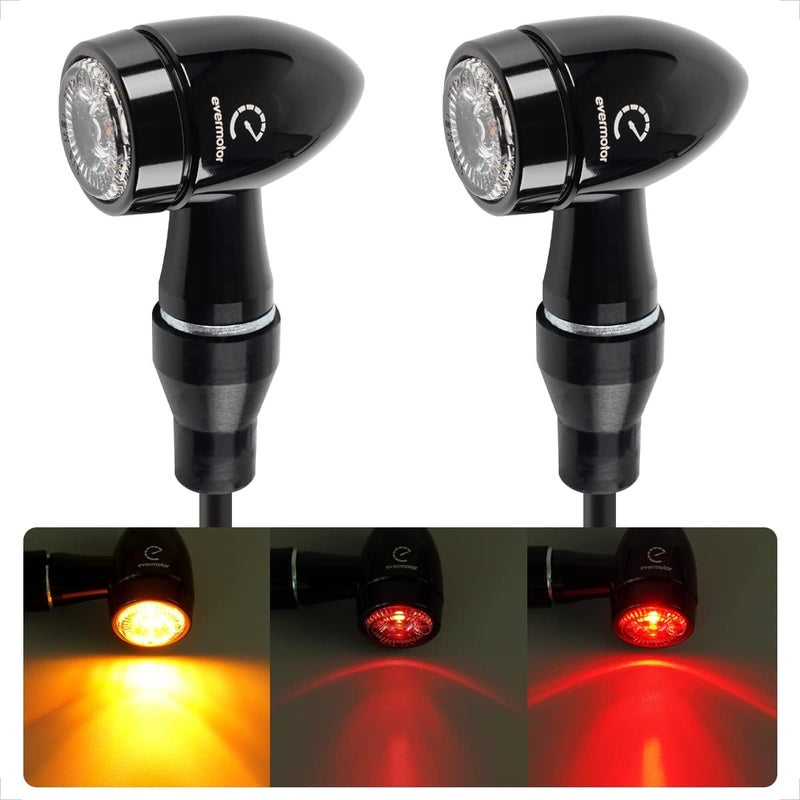 evermotor إشارات دوران LED صغيرة 3 في 1 للدراجات النارية، مؤشرات أمامية وخلفية من الألمنيوم CNC، تناسب عالمي لهارلي، هوندا، ياماها، كافيه ريسر، كروزر – ومضات دراجة نارية مع ضوء برتقالي/أحمر (عبوة 2)  - Image 1
